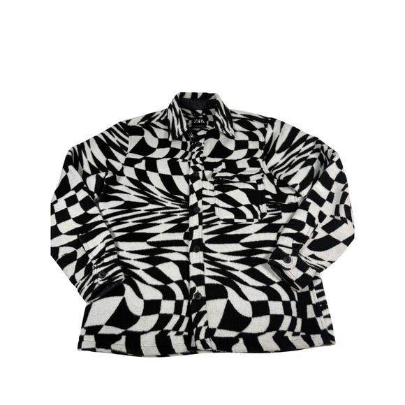Zara Fleece Button Up Shirt Jacket Black White Checkered Print EUC S/M - Picture 1 of 8